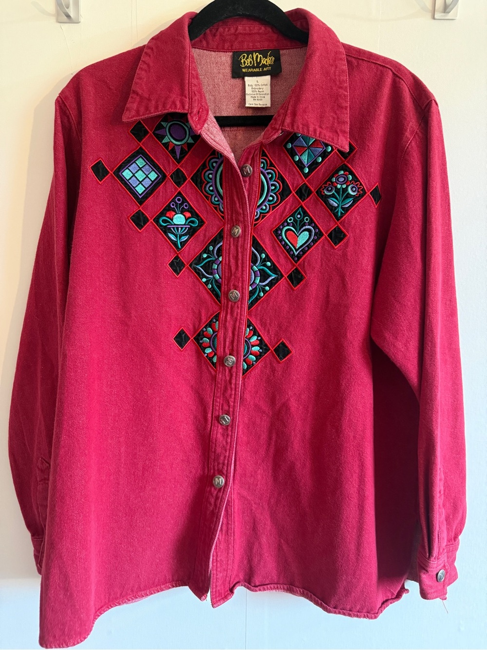 Bob Mackie Wearable Art L Red Embroidered Denim Shirt 90s Art to Wear